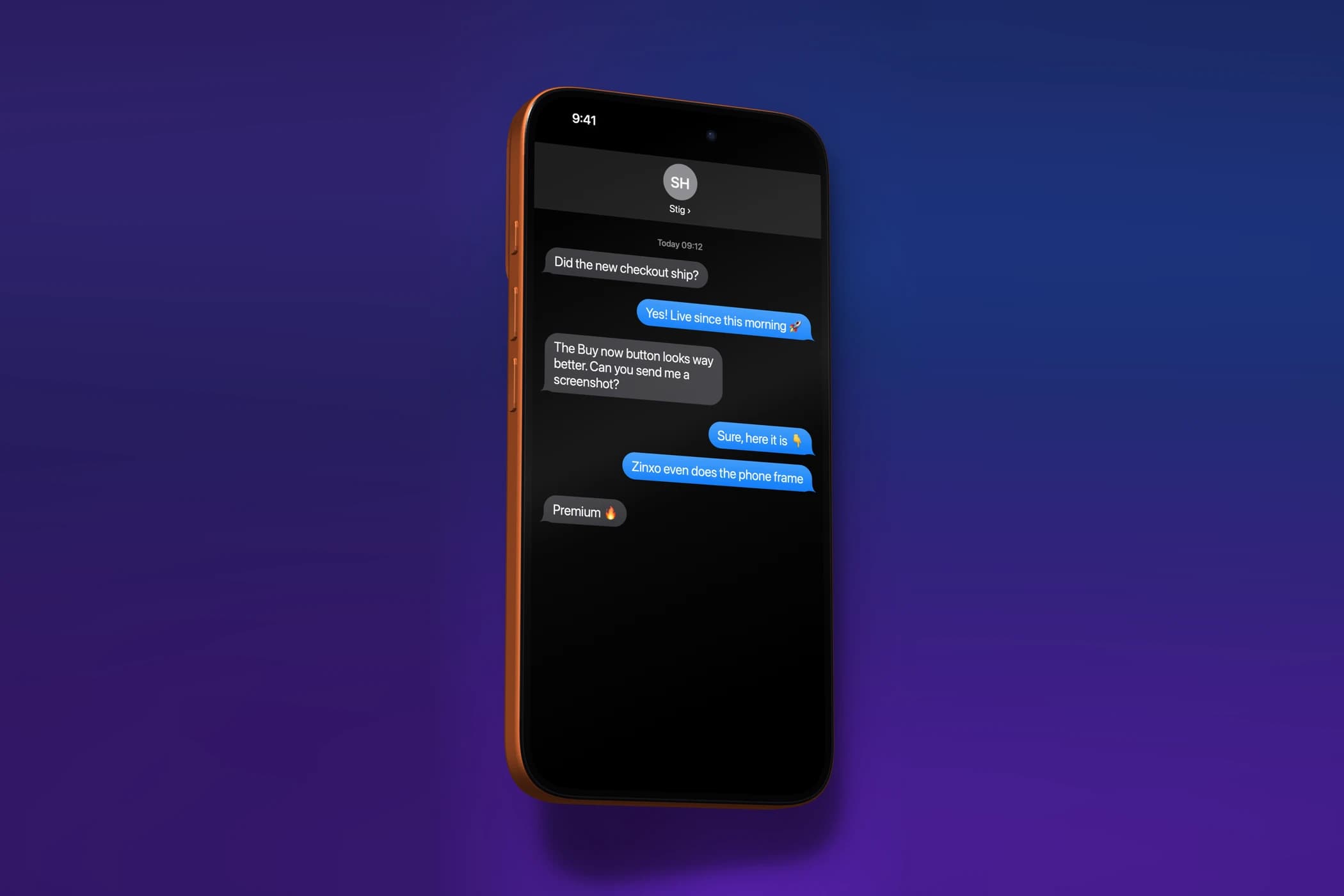 A Messages screenshot on a 3D iPhone 17 Pro in Cosmic Orange, Hero angle