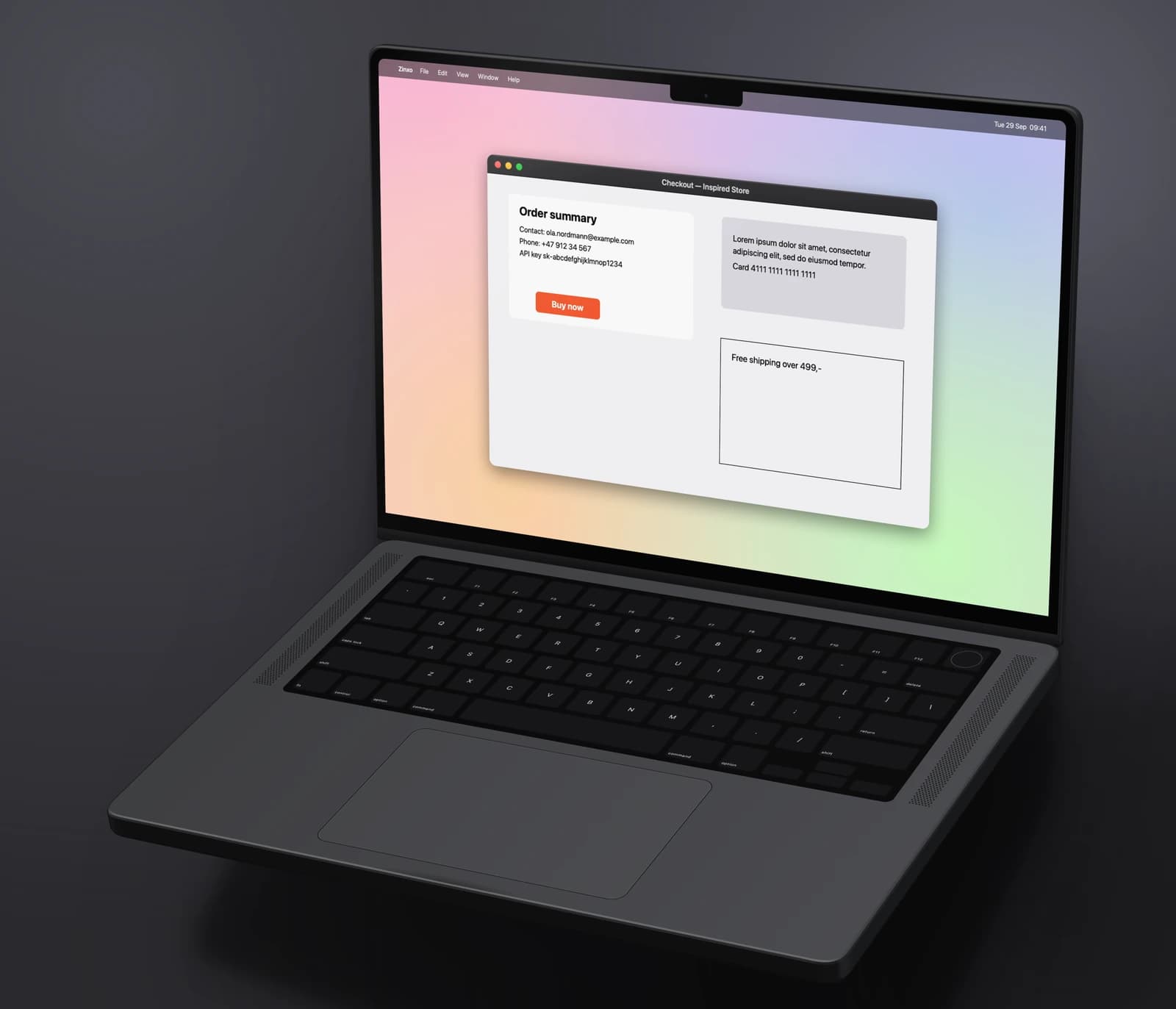 A checkout screenshot on a floating 3D MacBook Pro 14″ in Space Black